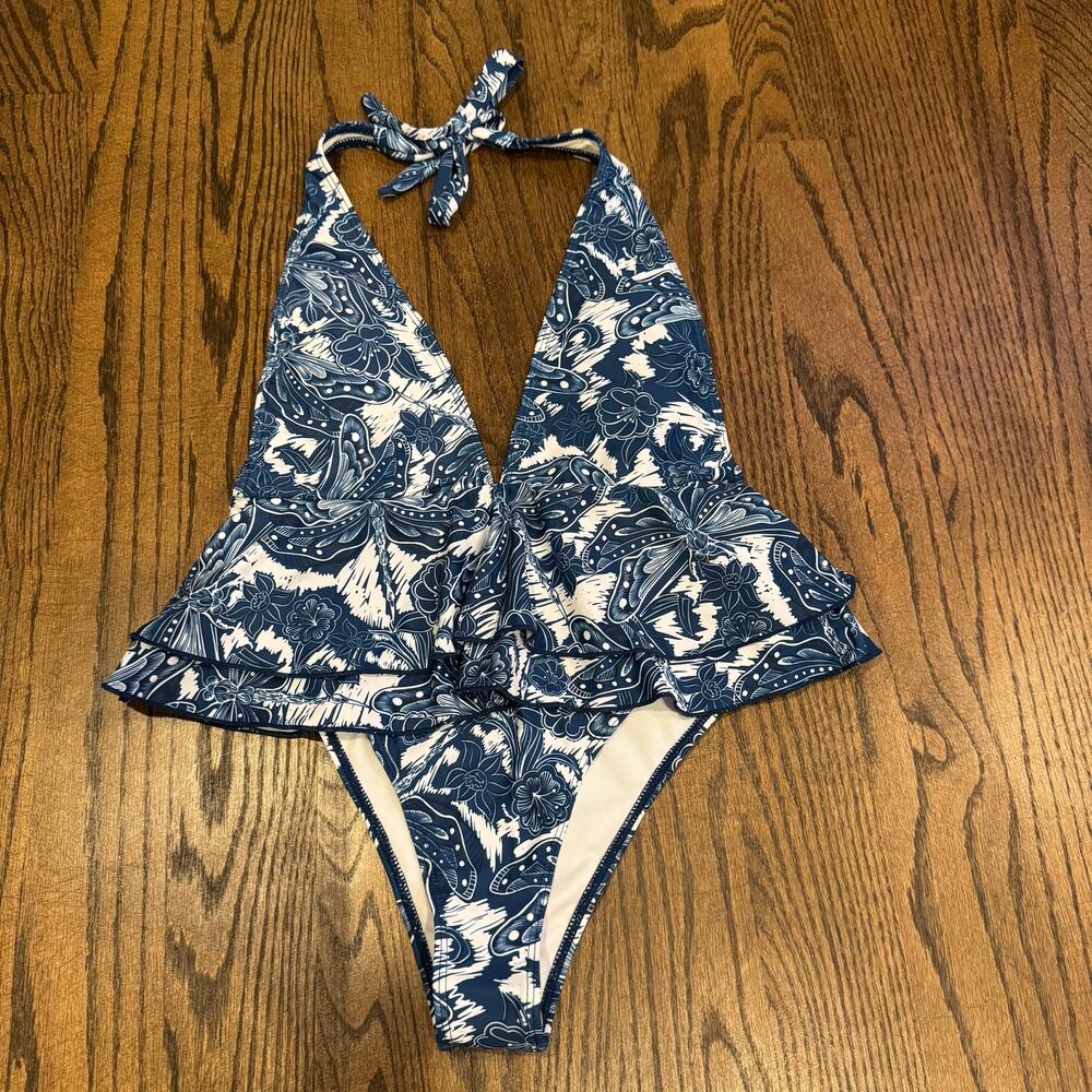 Lopeceal Women’s One Piece Blue Abstract Plunge Neck Swim Suit Size Medium